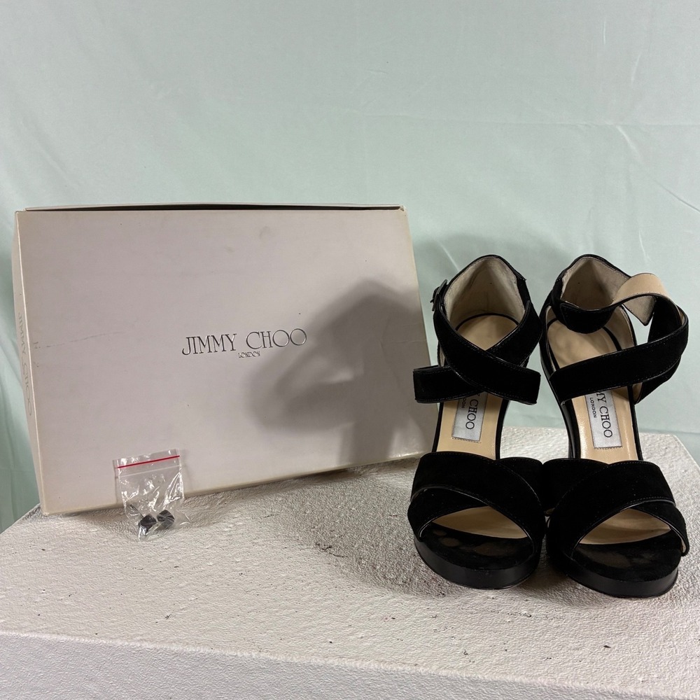 Jimmy Choo Florek Black Suede Kid Leather Platform Sandals Heels 37.5 Made Italy